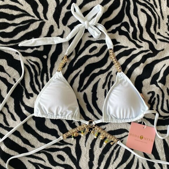 Moda minx gold tone sea shell charm Seychelles wrap around bikini top in white - Picture 4 of 8
